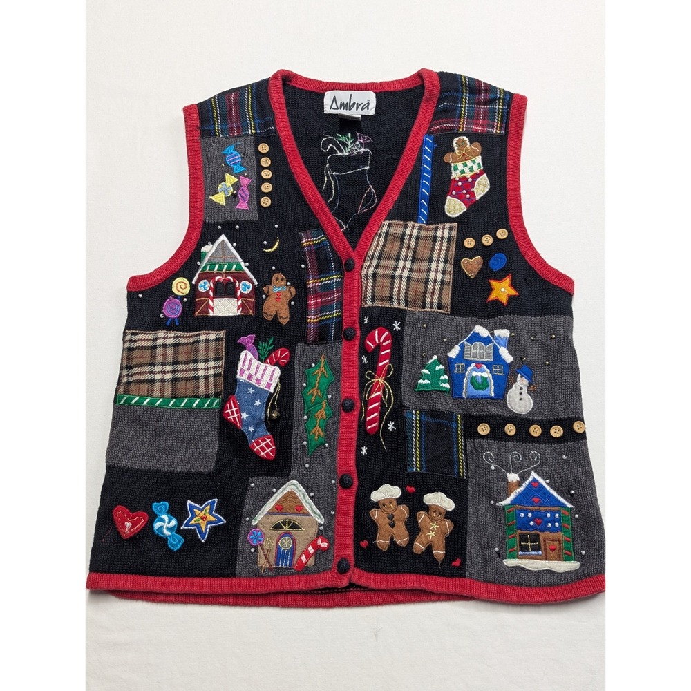 Ambra Vintage Christmas Patchwork Sweater Vest Gingerbread Candy Cane Womens M